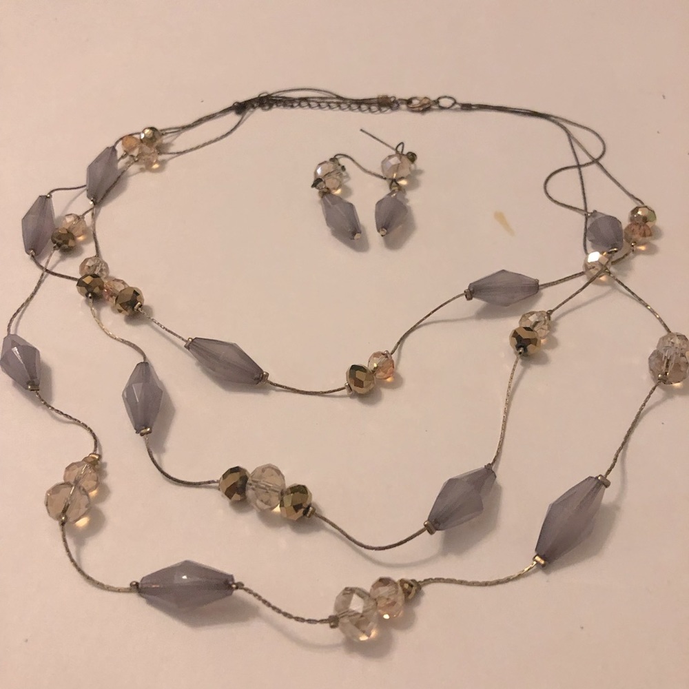 Grey and gold beaded necklace and earring set